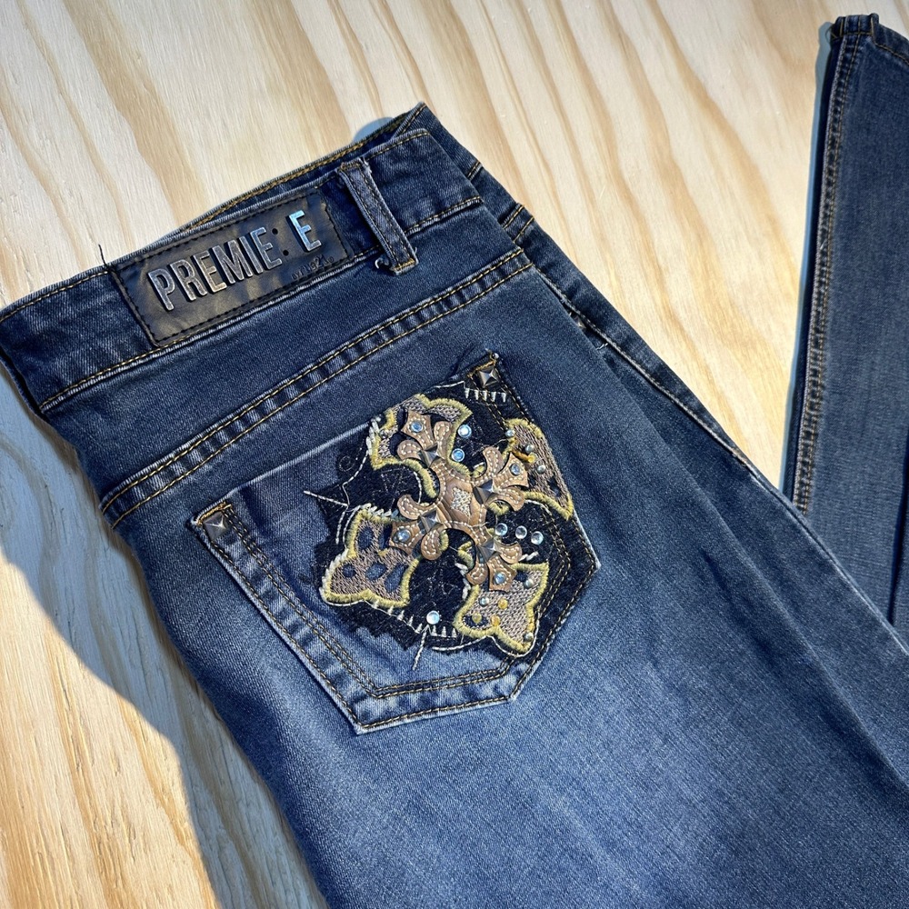 Premiere by rue21 Women's Embellished Cross Bootcut Blue Denim Jeans Size 11/12R - Picture 2 of 8